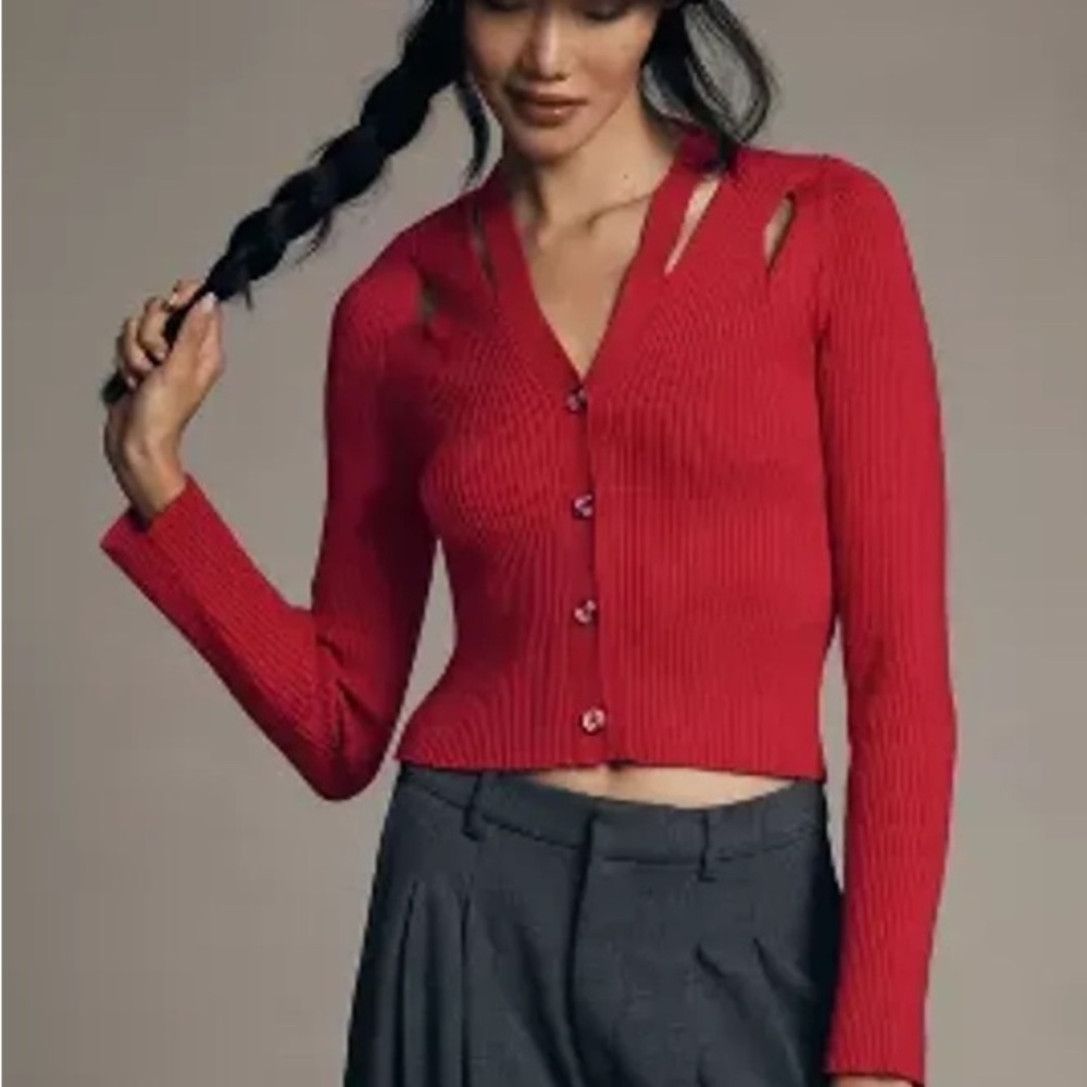 Anthropologie Red Ribbed Button Cardigan